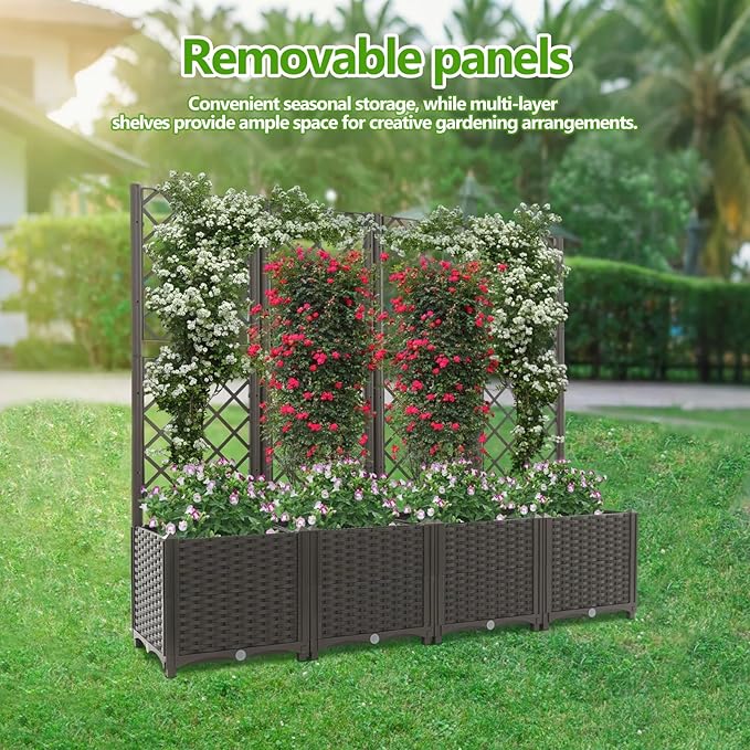 4 PCS Planter with Trellis 63 L x 15.7 W x 56 H Planters for Climbing Plants - Interlocking Design Raised Garden Bed Planter Boxes Outdoor Plant Box for Backyards Terraces Vegetables Flowers