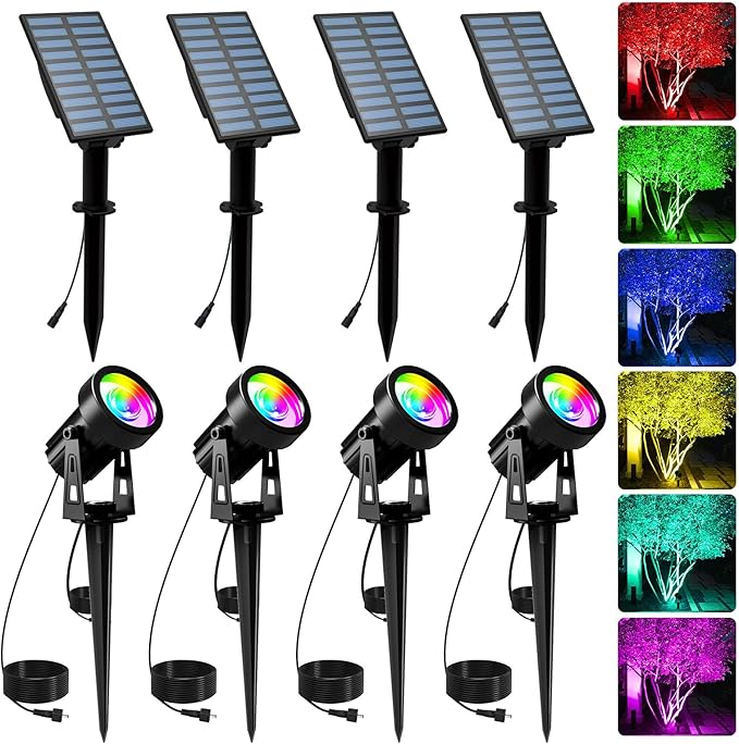 T-SUNUS Halloween Color Changing Solar Landscape Spotlights 4 Pack IP65 Waterproof Christmas Lights 9.8ft Cable Outdoor RGB Spot Light Separated Panel for Flag Tree Yard Garden Driveway Walkway Pond
