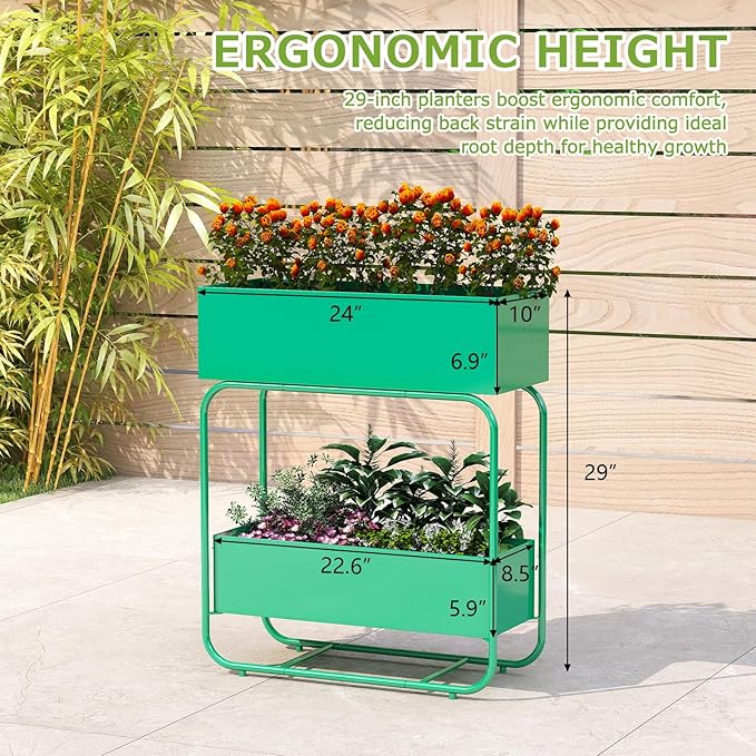 kinbor 2 Tier Elevated Raised Garden Bed Outdoor - Set of 2 Durable Planter Boxes for Vegetables Flowers &amp Herbs (29” Tall Rust-Resistant Steel Green)