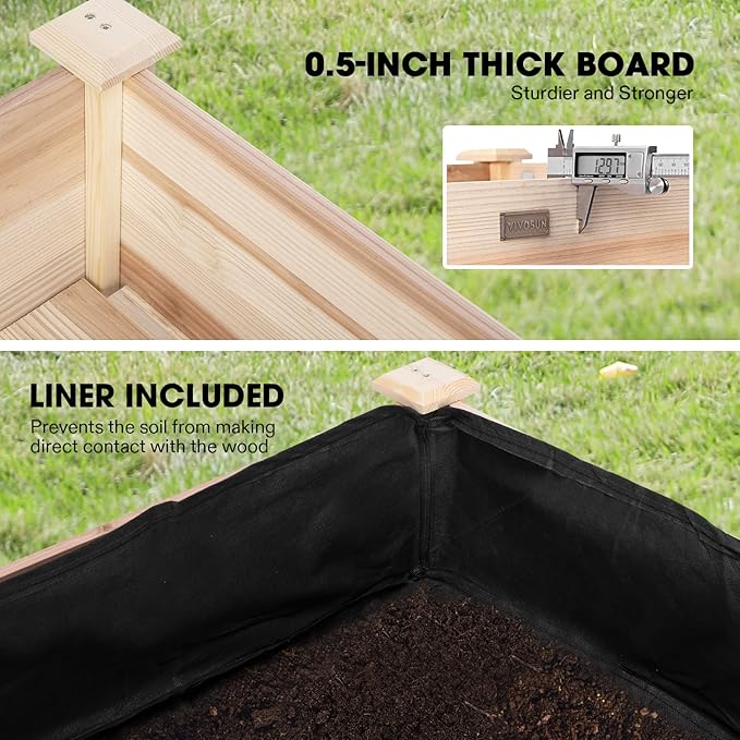 VIVOSUN Elevated Wooden Raised Garden Bed 48 x 24 x 30 Inches Outdoor Wood Planter Box w Bed Liner and Gloves for Garden Patio Balcony Backyard and Outdoors 220-Pound Capacity