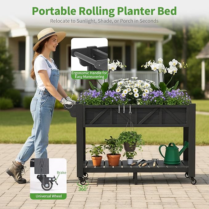 HIPS All-Weather Raised Garden Bed with Legs47.2L x 17.3W x 29.7H Large Elevated Planter Box with Wheels &amp HandleRaised Bed Planters with 3 Hooks &amp Non-Woven Liner for Vegetables Flower H