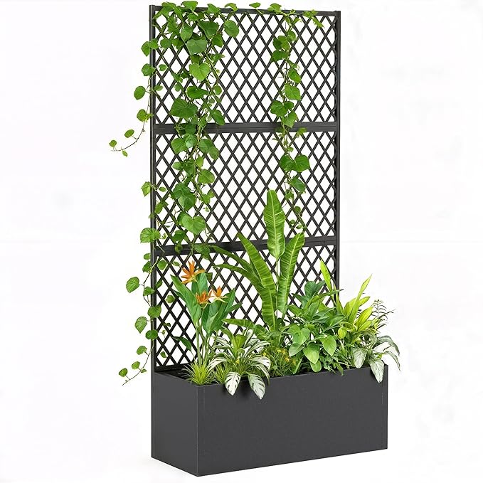 Outsunny Metal Planter Box with Trellis Raised Garden Bed with Trellis Privacy Screen and Drainage Holes for Climbing Plants Diamond Lattice Privacy Planter for Garden Patio Balcony