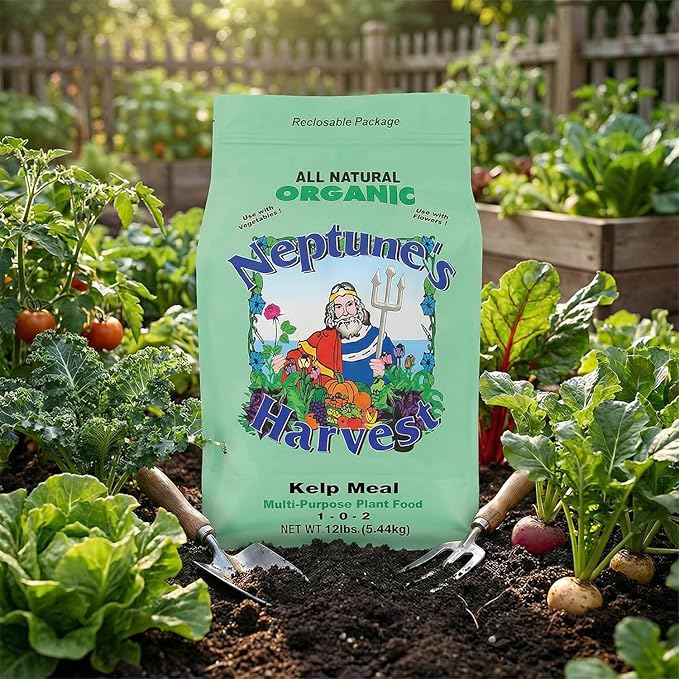 Neptune’s Harvest Organic Kelp Meal Plant Food (1-0-2) - 12 lb Resealable Bag - Multi-Purpose Seaweed Fertilizer - Indoor &amp Outdoor Plant Fertilizer for Lawns Gardens Vegetables &amp Bulbs