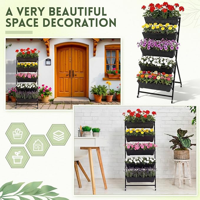 2 Pack 5 Tier Vertical Garden Planter with Wheels 4.5 ft Raised Garden Bed for Strawberry Herb Vegetable Flower Stackable Planter Boxes with Drainage for Patio Indoor Outdoor(Black)