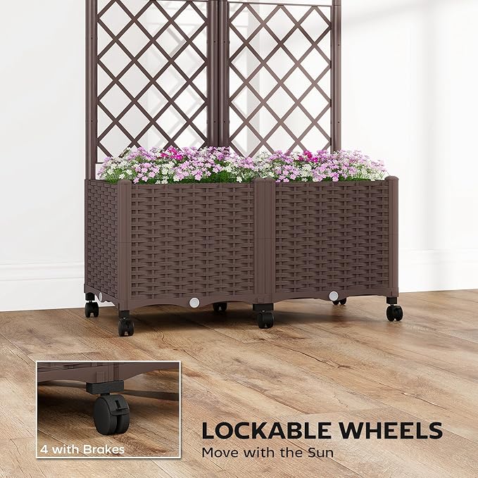 Outsunny Planter Box with Trellis Self Watering Raised Garden Bed with Lockable Wheels 56.3 Trellis Privacy Planter with Drainage Holes for Climbing Plants Vines Vegetables Flowers Brown
