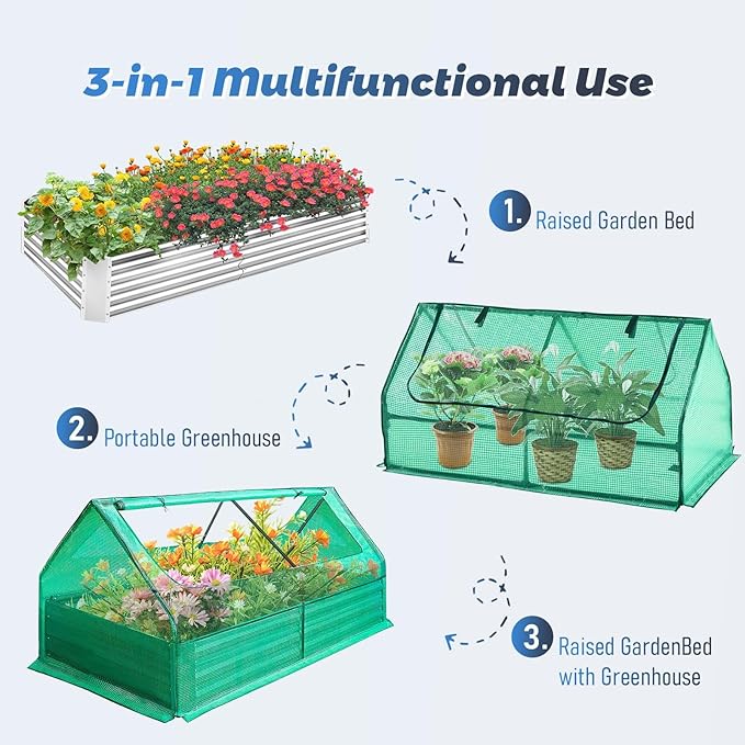 6 x 3.1 x 3FT Raised Garden Bed with Cover &amp Double Window 3-in-1 Raised Planter Box Kit with Double Window &amp Smooth Zippers Galvanized Raised Garden Bed with Small Greenhouse for Flower Her
