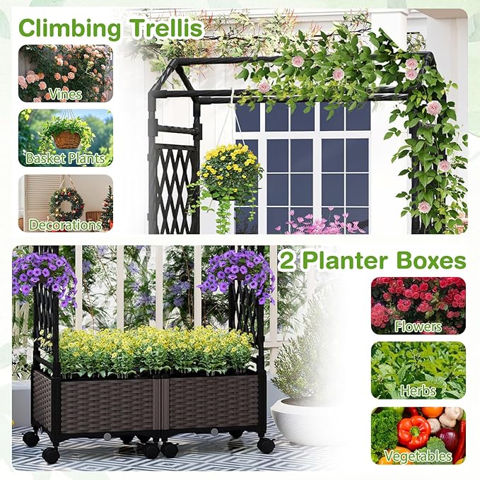 BECOMFORT Planter Box with Trellis 64”H Self-Watering Tomato Planter w/Wheels Hanging Roof &amp Drainage Holes Outdoor Indoor Raised Garden Bed for Climbing Vines Perfect for Patio Lawn &amp Ba