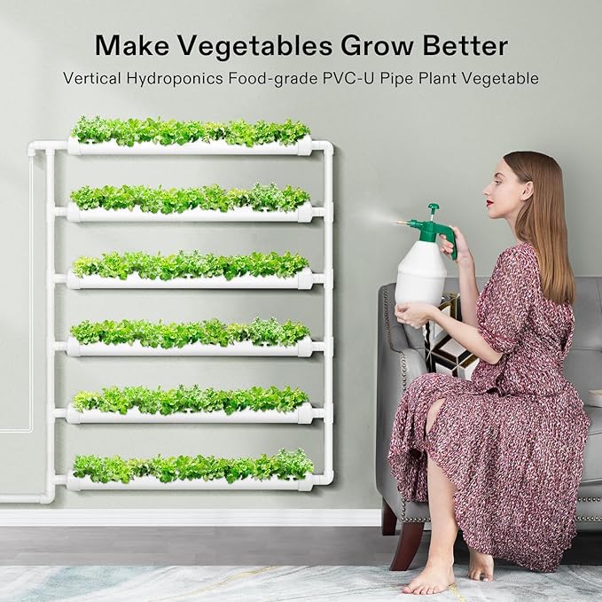 VIVOSUN Hydroponic Grow Kit 54 Plant Sites 6 Food-Grade PVC-U Pipes Hydroponics Planting System with Water Pump Pump Timer Nest Basket and Sponge for Leafy Vegetable