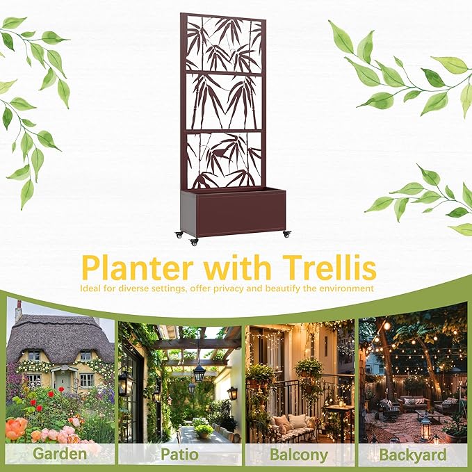 Metal Mobile Planter Box with Trellis 75x 32x 15 Moblie Planter Box Trellis with Privacy Screen Drainage Holes and 4 Lockable Wheels Brown Bamboo Style