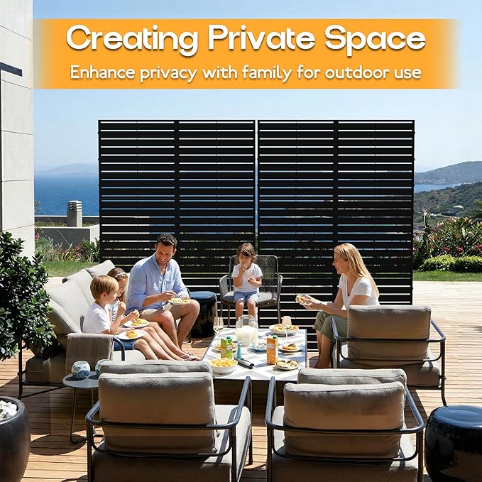 Metal Privacy Screen 72 H x 47.2 Decorative Outdoor Privacy Screen Privacy Panel with Stand for Balcony Deck Patio Lawn Garden Privacy Fence (Black-Louvered)