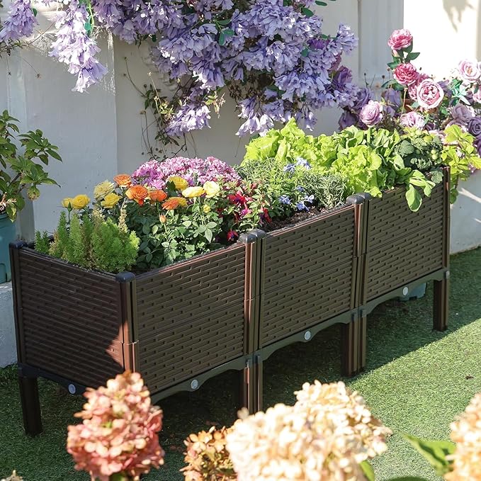 Raised Garden Beds Outdoor Polypropylene Elevated Planter Boxes Outdoor for Vegetables Flowers Herbs Garden Box with Drain Outlet Heat and Frost Resistance Planters 300lb Capacity (46X15X20in)
