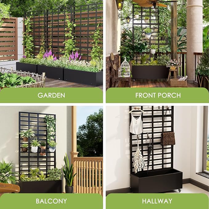 Metal Planter Box with Trellis for Climbing Plants 74.8x35.83x15.16 Raised Garden Bed with Privacy Screen Outdoor Planter with Drainage Holes Black