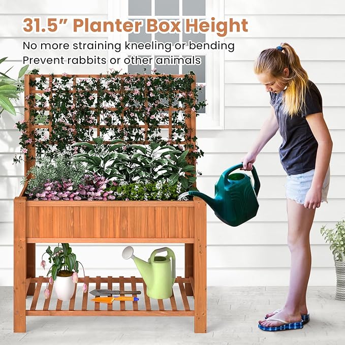 Raised Garden Bed Wooden Elevated Planter with Trellis &amp Storage Shelf All-in-One Planter for Patio Yard Balcony Outdoor Garden Enthusiasts Brown