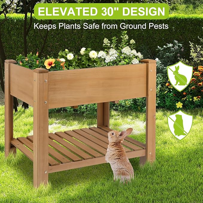 Raised Garden Bed with Legs - Elevated Wooden Planter Box Durable Fir Wood Reinforced Frame with Drainage Holes Liner and Storage Shelf for Vegetables Herbs Flowers 33.5 x 18 x 30