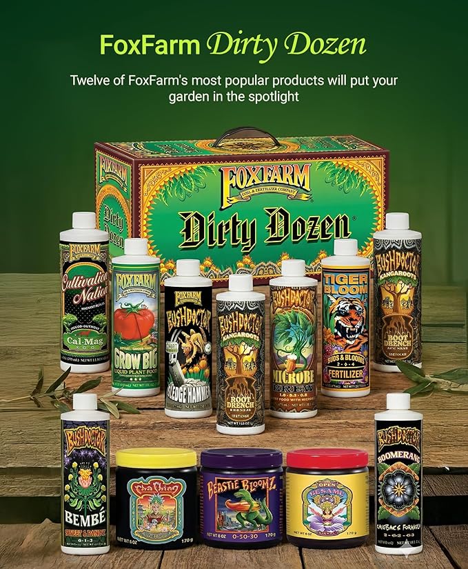 FoxFarm Dirty Dozen Liquids &amp Solubles Starter Pack - 3 Solubles (Open Sesame Beastie Bloomz Cha Ching) &amp 9 Pint Liquids (Big Bloom Tiger Bloom Grow Big &amp More) for Gardening Success