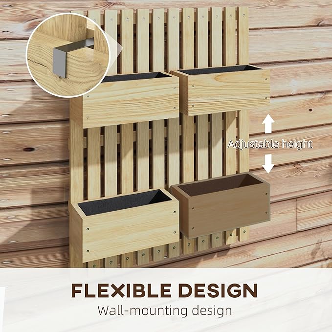 Outsunny 4 Box Raised Garden Bed with Trellis for Vine Flowers &amp Climbing Plants 31.5 Tall Wall-Mounted Wood Planter Box Set with Adjustable Height Drainage Hole Natural