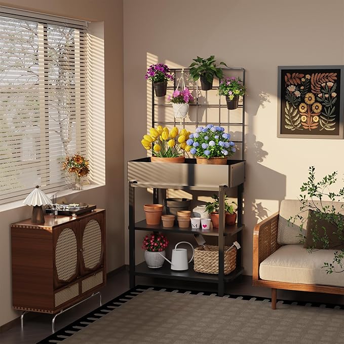 Metal Raised Garden Bed with Trellis &amp 2-Tier Storage Shelf Elevated Planter Box with Legs -Includes 3 Flower Pots Outdoor Vertical Garden for Vegetables Herbs Climbing Plants Patio Balcony