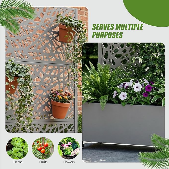 Casaphoria Metal Raised Garden Bed with Trellis and Wheels 72x35x16 Planter Box for Climbing Plants Vegetables &amp Vines Features Drainage Holes and Privacy Screen Grey-Net