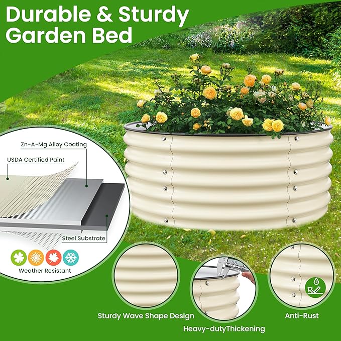 17'' Tall Round Raised Garden Bed Kit Outdoor Zinc-Aluminum-Magnesium Metal Flower Beds Stainless Steel Patio Ground Planter for Planting Vegetables (Ivory)