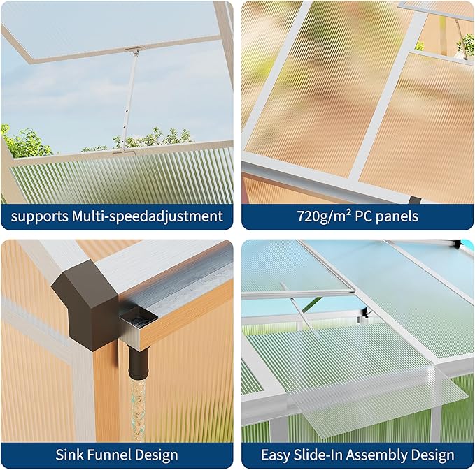 8X10 FT Outdoor Polycarbonate Greenhouse Sturdy Aluminum Frame Adjustable Roof Vent Ideal for Backyard Patio or Garden All-Weather Green House for Growing Plants and Vegetables