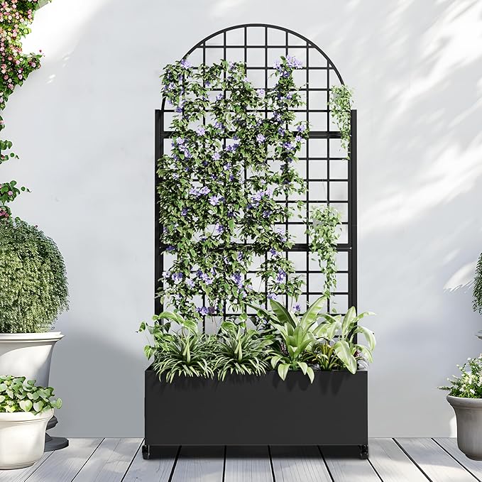 Casaphoria 72x35 Metal Raised Garden Bed with Trellis(2 Pack) Outdoor Planter Box with Wheels &amp Drainage Holes for Climbing Plants Flowers Elevated Garden Kit with Privacy Screen Black-Grid