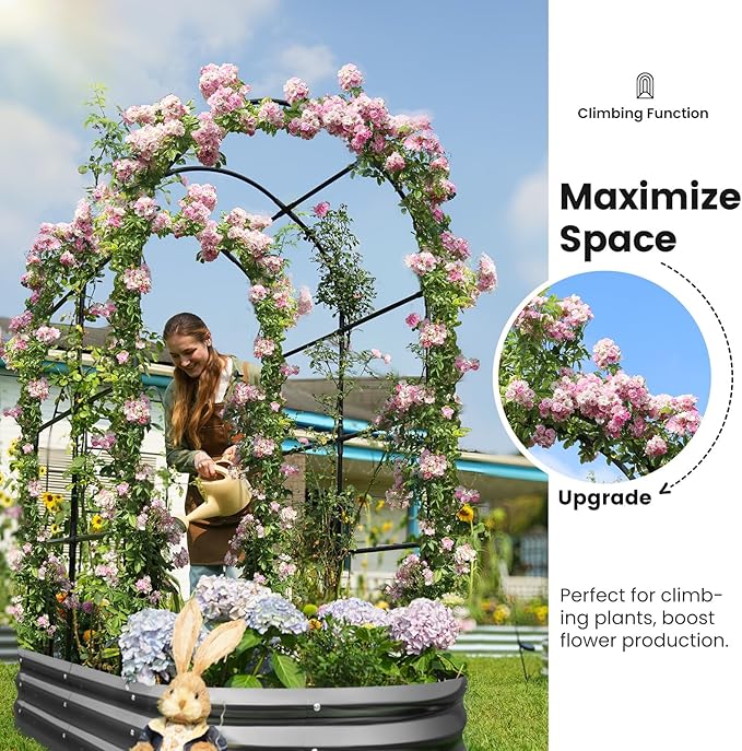 KING BIRD Raised Garden Bed with Arched Trellis Galvanized Planter Garden Box Outdoor for Gardening Climbing Vegetables Flowers 5.9x2.95x0.98 Ft Dark Grey