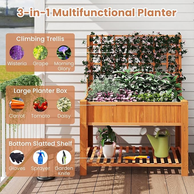 Raised Garden Bed Wooden Elevated Planter with Trellis &amp Storage Shelf All-in-One Planter for Patio Yard Balcony Outdoor Garden Enthusiasts Brown