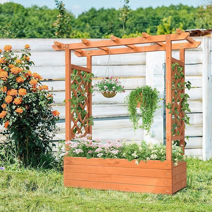 Elevated Garden Bed with Arch Trellis &amp Hanging Roof 44.5 Wooden Outdoor Planter Box for Climbing Vines Flowers Above-Ground Design Privacy Screen with Side Trellis &amp 4 Drainage Holes (Tea
