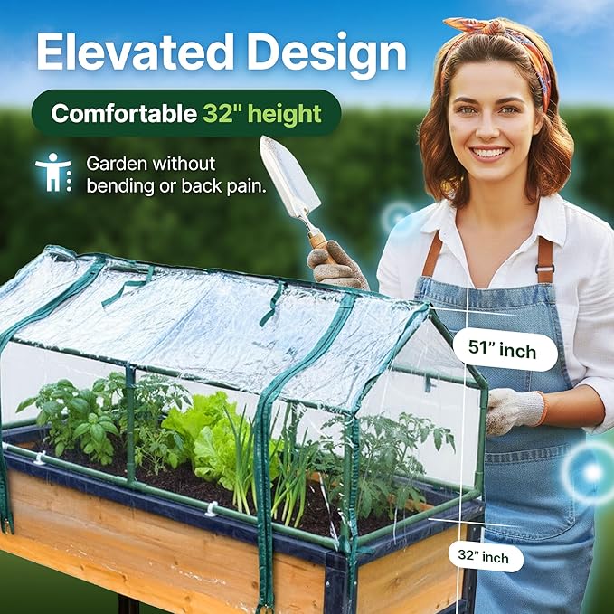 GOJ Raised Garden Bed Wood 48x24x32 inch with Greenhouse &amp Lockable Wheels - Elevated Wood Planter Box for Outdoors Vegetable Flower Bed Herb Planter - 400 lbs Capacity