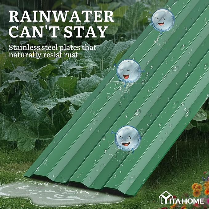 YITAHOME 4pcs 12x4x1 ft Galvanized Raised Garden Bed Kit Large Metal Planter Box with Gloves Safety Rubber &amp Support Rod Outdoor Flower Bed for Plants Vegetables Green