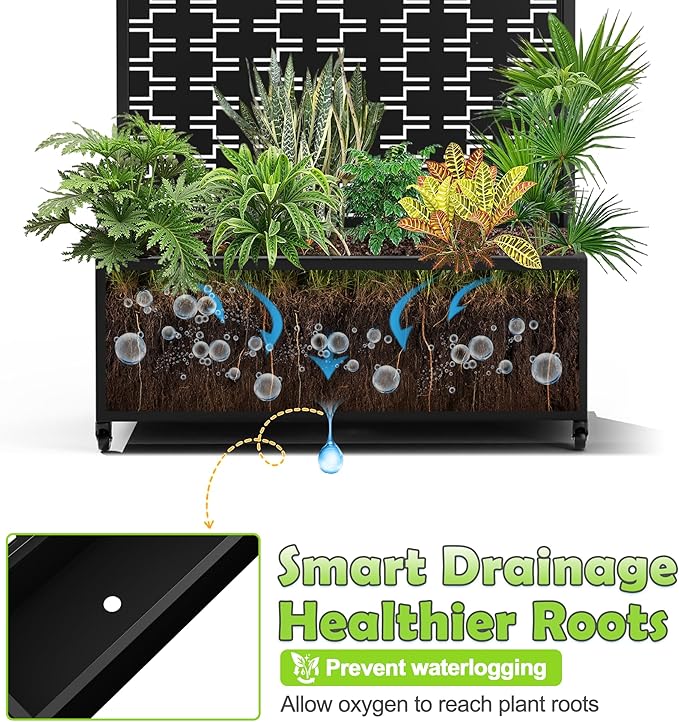15.7×70.9×35.4 Metal Raised Garden Bed with Trellis and Wheels - Tall Trellis Planter Box for Climbing Plants Vegetables &amp Vines - Outdoor Privacy Planters for Patio (Black-Brick)