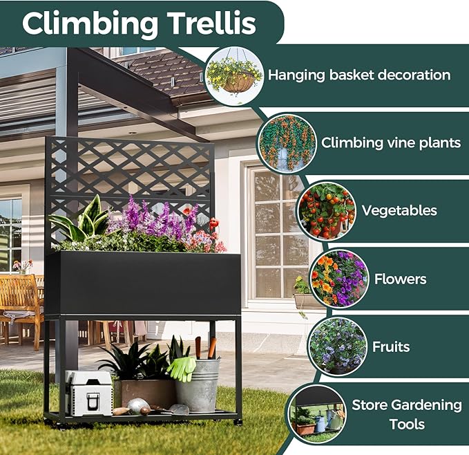 Metal Planter Box Multi-Functional &amp Easy to Assemble 55 H x 35 W Raised Garden Bed for Climbing Plants Elevated Standing Garden Planter with Drainage Holes for Outdoor Patio