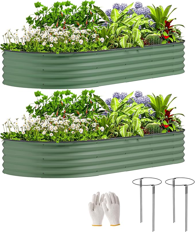 Outsunny 2PCS Galvanized Raised Garden Bed 7' x 3' x 1' Raised Beds for Gardening with Plant Support Stakes Rubber Strap Edging and Gloves Metal Planter Box for Vegetables Flowers Green