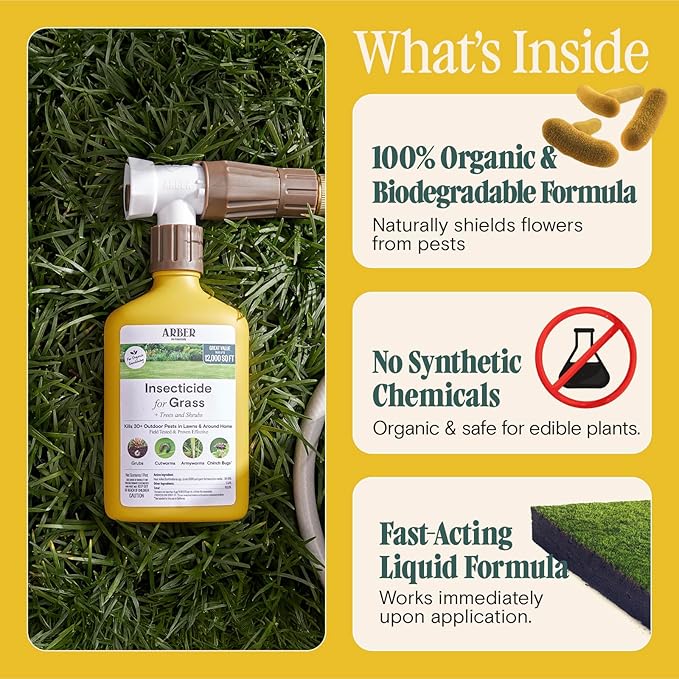 Organic Insecticide for Lawns Trees &amp Shrubs – 16oz Ready-to-Spray Hose-End – Kills Grubs Armyworms Chinch Bugs &amp Beetles – Gentle on Grass Bee-Safe Kid &amp Pet Friendly – Outdoor Yard