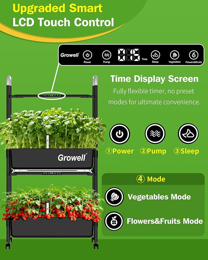 Large Hydroponics Growing System Kit Vertical Indoor Herb Garden Kit with LED Grow Light &amp Independent Water Pump 28L Movable Indoor Planter Perfect Gardening Gifts (2 Tier-54 Pods Black)