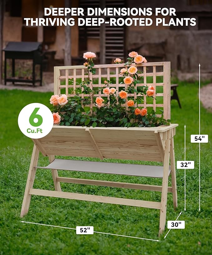 CABIHOME 52x30x54 Elevated Garden Bed with Legs Tall Standing Raised Planter Box Standing Raised Planter Box with Climbing Trellis Wooden Planter Box for Vegetables Herbs Flowers Natural