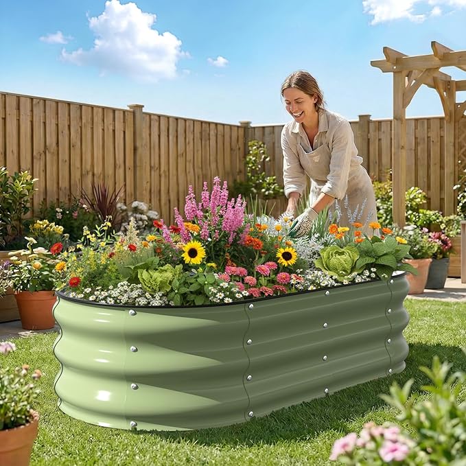 Kesfitt Raised Garden Bed 4x2x1 FT Galvanized Steel Metal Raised Garden Bed Oval Open-Bottom Design 12-Inch Deep for Outdoor Vegetable &amp Herb Gardening Fruit Green