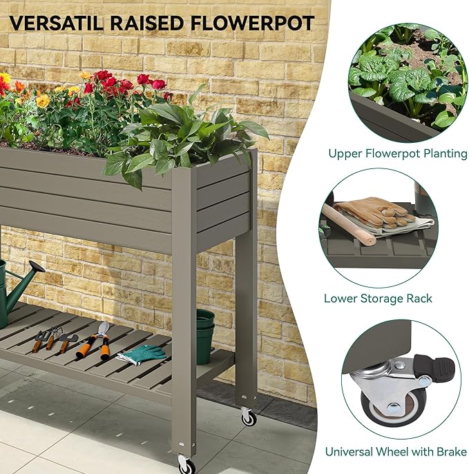 YITAHOME 43.3x17.7x34 in Elevated Garden Bed 2pcs Outdoor Plastic Planter Box with Wheels Legs Drain Plug and Storage Shelf for Plants Vegetables Flowers Herbs Light Brown
