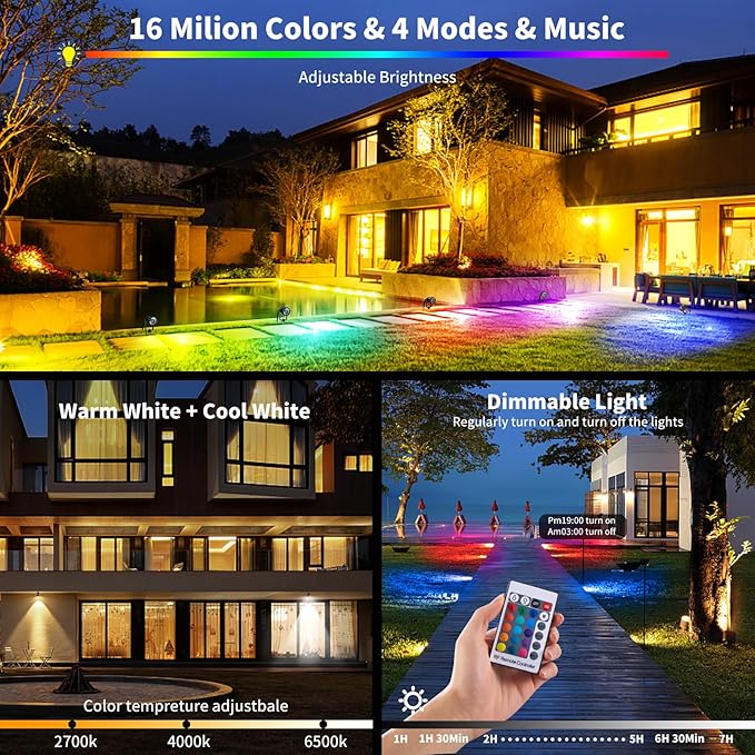 1500LM LED High Brightness Outdoor Landscape Lighting 15W RGB Color Changing Landscape Lights Remote Control Spot-Lights with Plug in IP66 Waterproof Flood Light for Garden-4 Packs