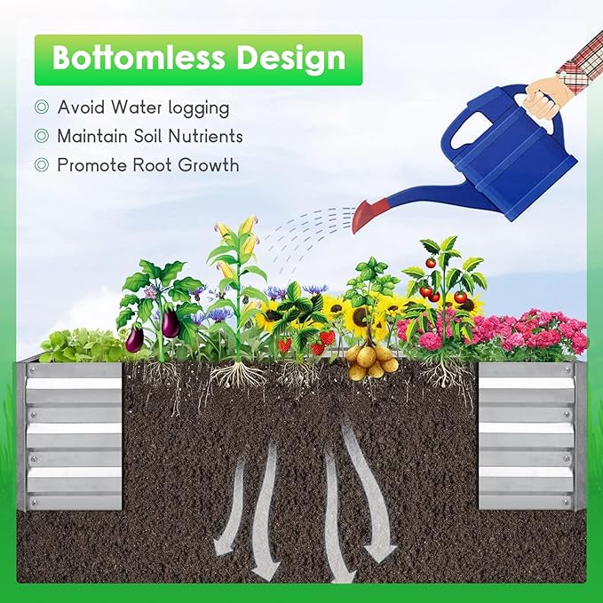 Garden Bed Galvanized Garden Bed 6x3x1 ft Raised Garden Bed with Metal Pole Reinforcement for Flower Planters Vegetables and Herbs (Silver)