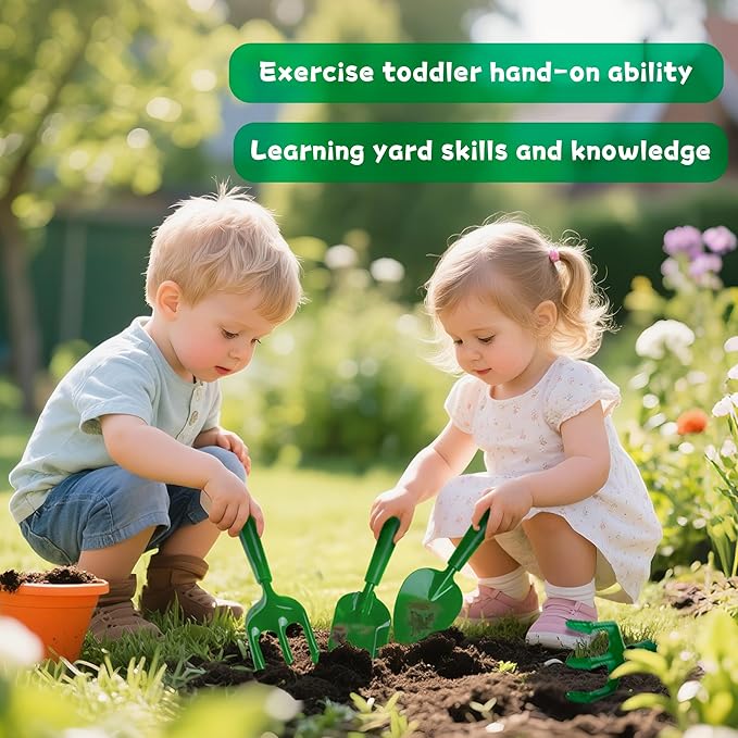 Duckura Kids Wheelbarrow Set - Gardening Tools for Kids with Shovel Rake Trowel Outdoor Yard Lawn Digging Weed Toys Easter Birthday Gifts for Boys Girls Age 2 3+Years Old(Green A)