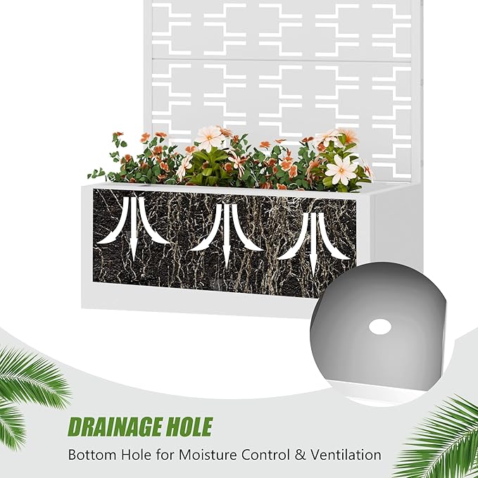 Casaphoria Metal Raised Garden Bed with Trellis 59x30x12 Planter Box for Climbing Plants Vegetables &amp Vines Features Drainage Holes and Privacy Screen White-Brick