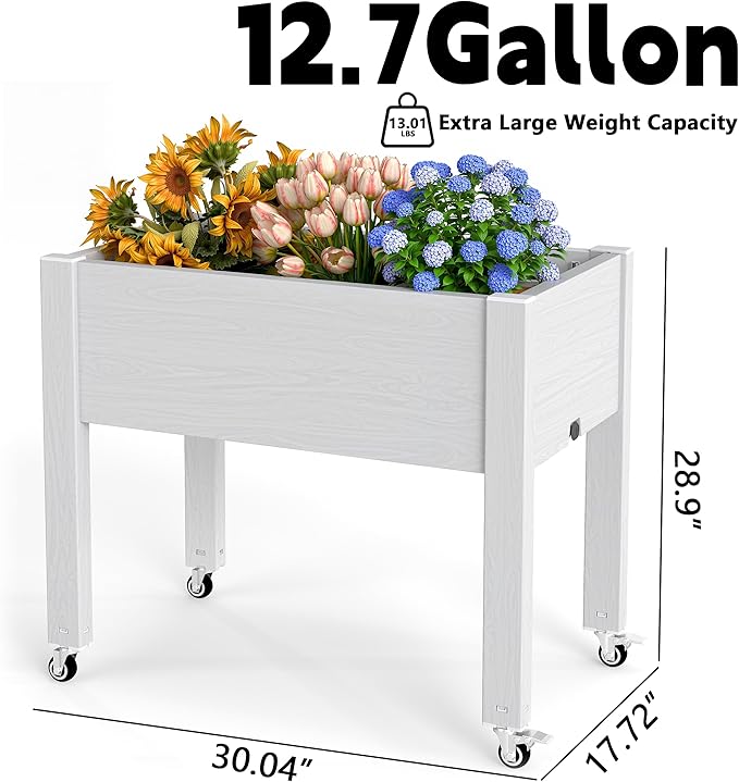14 Gallon Raised Garden Bed with Wheels and Legs for Mobility Self-Watering Raised Planter Box with Drainage Plug and Gauge Durable Dust-Proof Resin for Garden Patio Balcony and Backyard