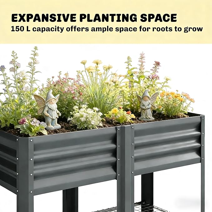 Elevated Outdoor Raised Garden Bed with Legs - 39.6-Gallon Galvanized Steel Planter Box for Patio Herbs Vegetables &amp Flowers - Ergonomic Height 33lb Storage Shelf (Dark Gray)