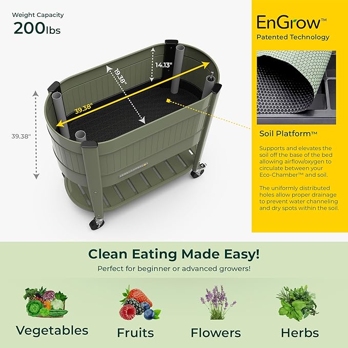 Permasteel Raised Garden Bed with Legs Planter Box with EnGrow™ TrueSoil™ Technology for Vegetables Flowers Herbs and Fruit Outdoor Indoor Storage Shelf Caster Wheels Green
