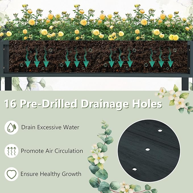 Raised Garden Bed with Legs 47 x 18 x 29 Inch Elevated Planter Box w/HIPS Frame Drainage Holes &amp Storage Shelf Standing Raised Planter for Flowers Herbs Outdoor Balcony Backyard (Black)