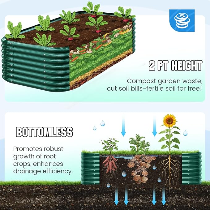 Quictent Galvanized Raised Garden Bed Kit 8x4x2 ft Oval Metal Planter Box Tall for Vegetables Outdoor Backyard Strengthened by Crossbar Dark Green