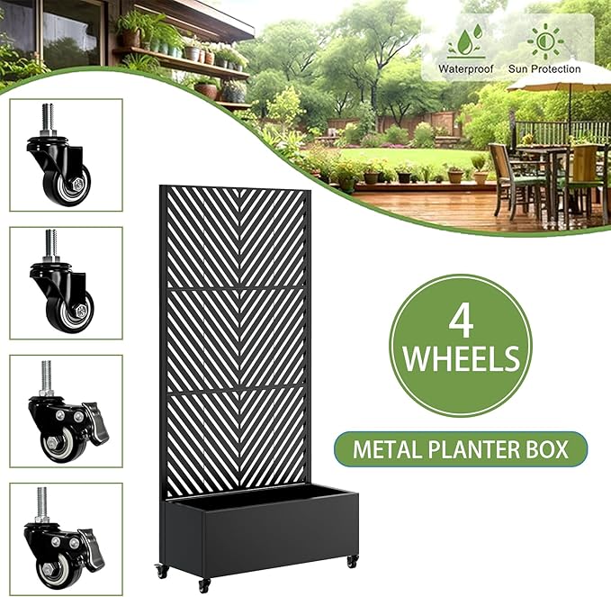 Sturdy 47x16x73 Inch Galvanized Steel Raised Garden Bed with Trellis Metal Planter Box on Wheels for Patio Privacy Screen 12 Inch Deep Root Mobile Vertical Garden Planter for Climbing Plants (M3)