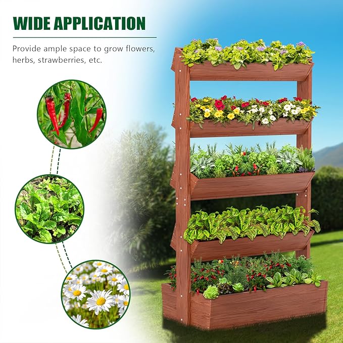 Wooden Vertical Raised Garden Bed 5 Tier Garden Planters Raised Beds Freestanding Plant Stand Flower Rack Wooden Planter Box for Plants Herbs Flowers Vegetables Outdoor Indoor Gardening