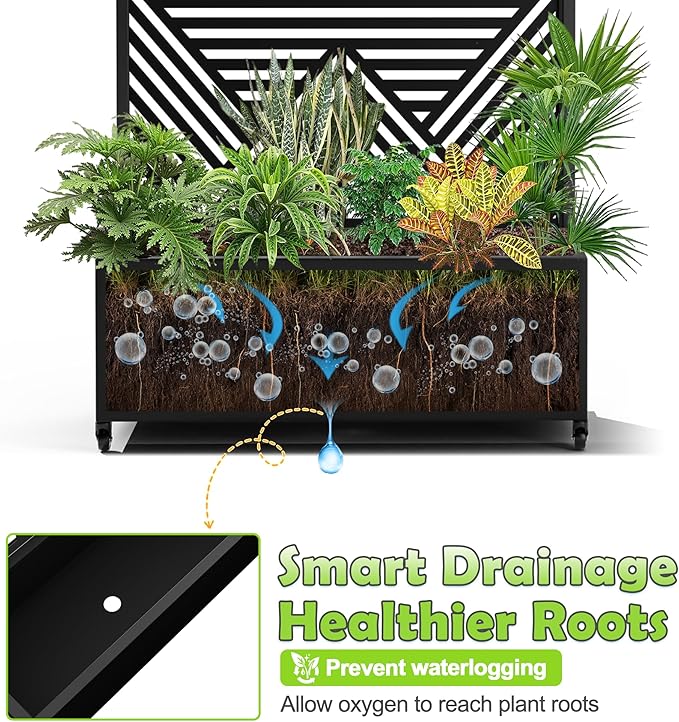 15.7×70.9×35.4 Metal Raised Garden Bed with Trellis and Wheels - Tall Trellis Planter Box for Climbing Plants Vegetables &amp Vines - Outdoor Privacy Planters for Patio (Black-Zodiac)